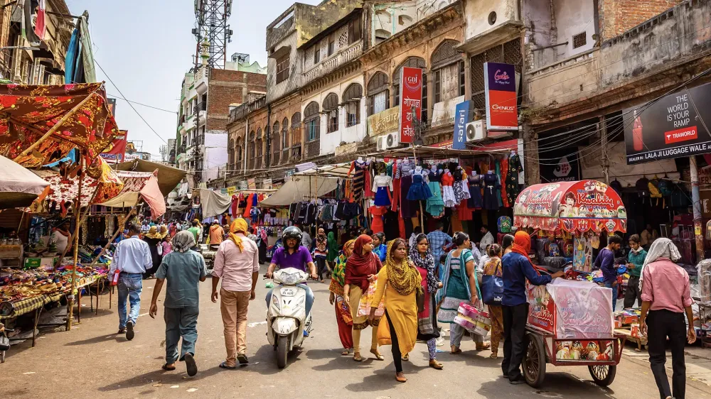 Busy crowded street market in India